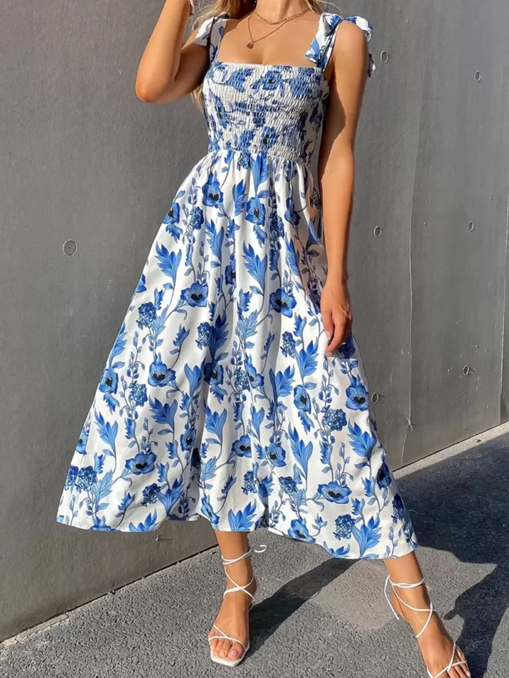 SHEIN White Maxi Dress with Blue Floral Print and Smocked Bodice